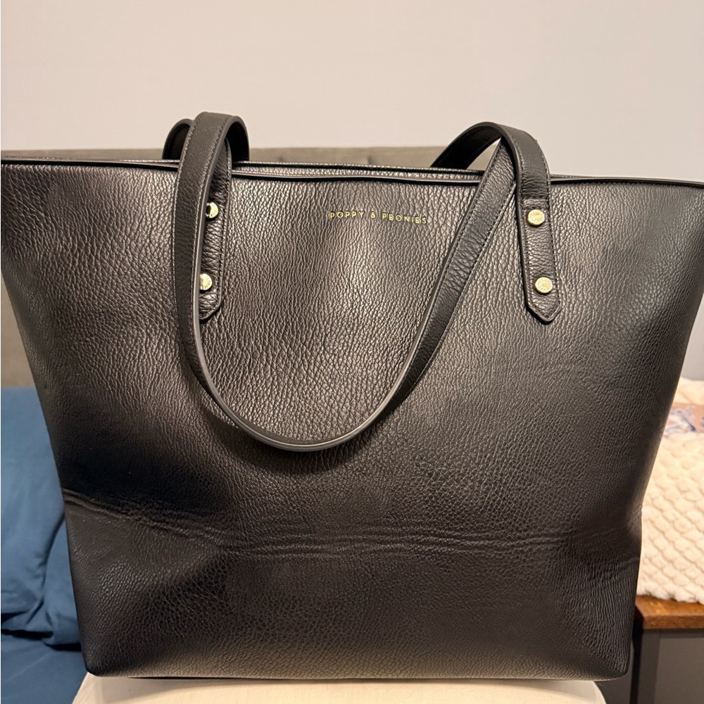 Poppy and Peonies Go-Getter work tote Black Leather Tote Bag